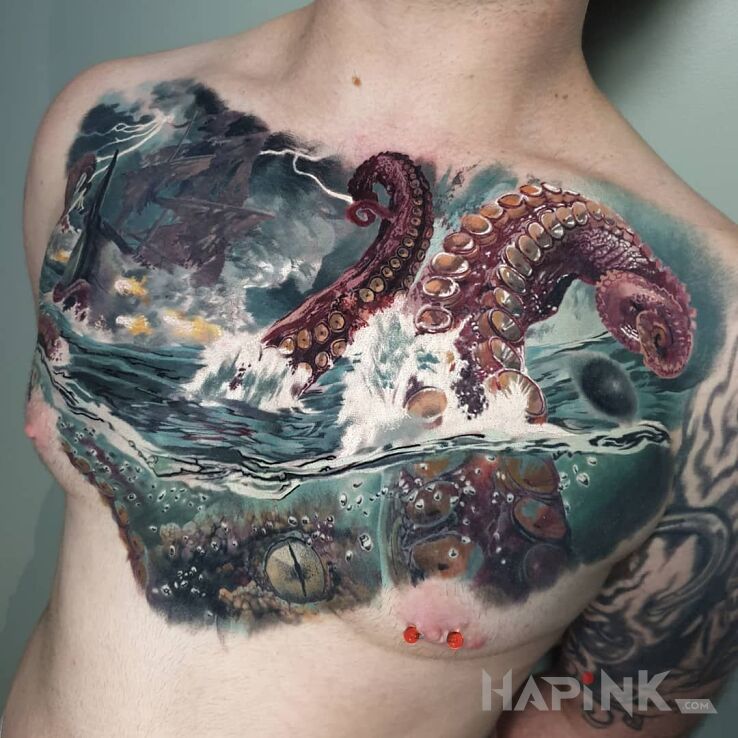 Tattoo Macki wielkiej ośmiornicy in 3D motif and realistic style on the collarbone