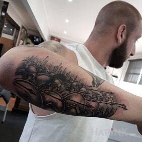 Tattoo 300 ready to defend on the forearm motif: characters style: realistic