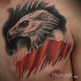 Tattoo Red and white colors on the chest motif: animals