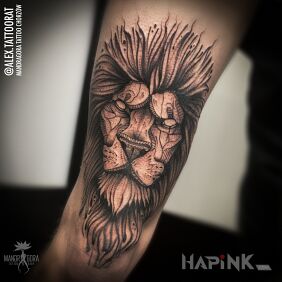 Tattoo Lion on the leg motif: zodiac signs style: graphic / illustrative