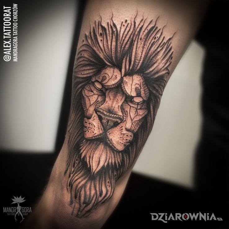 Tatuaż lew w motywie zwierzęta i stylu graficzne / ilustracyjne na nodze