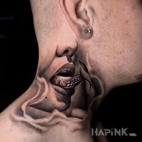 Tattoo Tongue on the neck on the neck motif: faces style: realistic