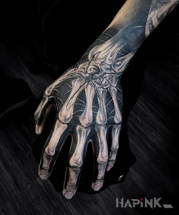 Tattoo Kościana ręka in 3D motif and realistic style on the fingers