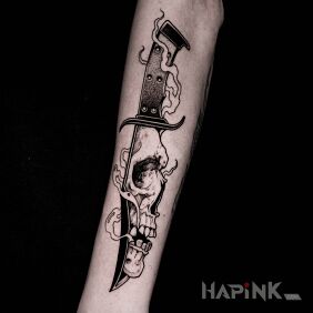 Tattoo Knife / Skull / Smoke on the forearm motif: objects style: graphic / illustrative
