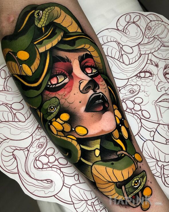 Tattoo Neo medusa in characters motif and neo-traditional style on the forearm