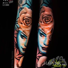 Tattoo Female face with a rose on the forearm motif: flowers style: realistic