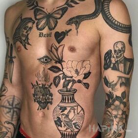 Tattoo Vase on the collarbone motif: butterflies style: graphic / illustrative