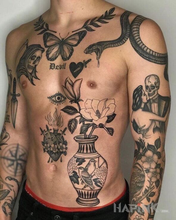 Tattoo Wazon in characters motif and graphic / illustrative style on the stomach