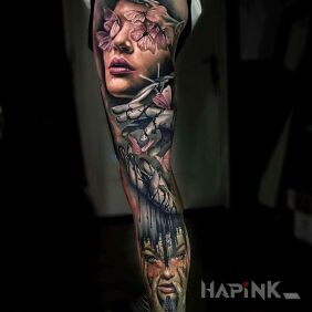 Tattoo Well tattooed leg on the knee motif: faces style: realistic