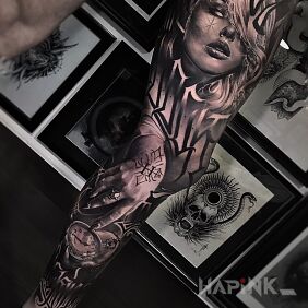 Tattoo Hand on the clock on the calf motif: black and gray style: realistic