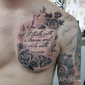 Tattoo One Life on the chest motif: lettering style: graphic / illustrative