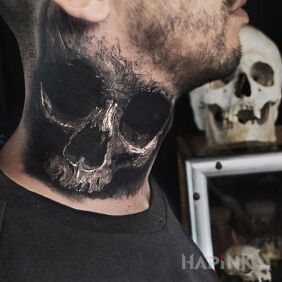 Tattoo Realistic skull on the neck motif: 3D style: realistic