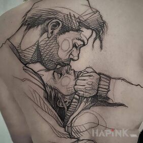 Tattoo Kiss on the forehead on the shoulder blades motif: faces style: sketch