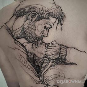 Tatuaż Cmok w czoło na łopatkach motyw: twarze styl: szkic