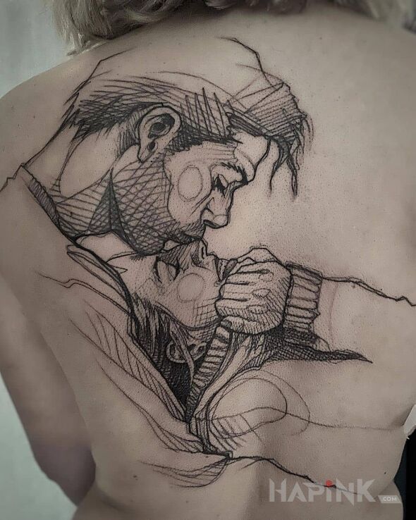 Tattoo Cmok w czoło in faces motif and sketch style on the back