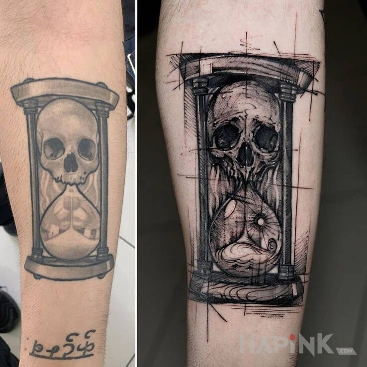 Tattoo Klepsydra z czaszką in black and gray motif and sketch style on the forearm