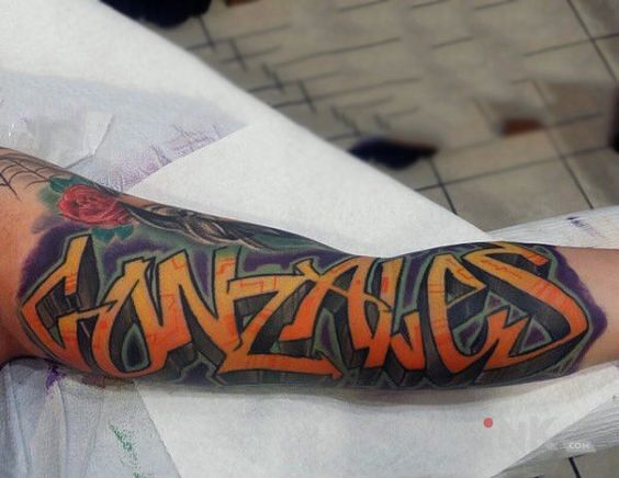 Tattoo Gonzales in colorful motif and graffiti style on the forearm