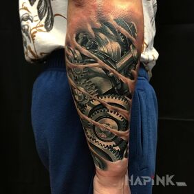 Tattoo Mechanisms under the skin on the forearm motif: 3D style: biomechanics