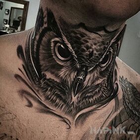 Tattoo Owl's throat on the neck motif: animals style: realistic