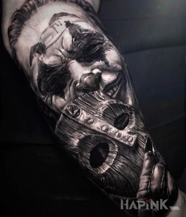 Tattoo Joker i maska in 3D motif and realistic style on the forearm