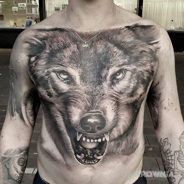 Tatuaż groźny wilk w motywie 3D i stylu realistyczne na klatce