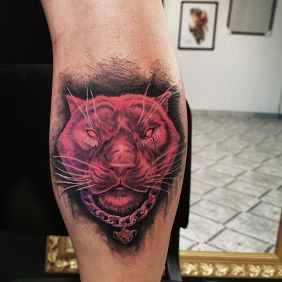 Tattoo Pink Panther on the calf motif: fantasy style: graphic / illustrative