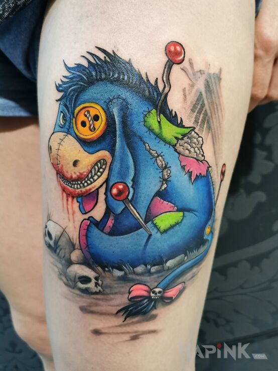 Tattoo Droopy in colorful motif and graphic / illustrative style on the chest