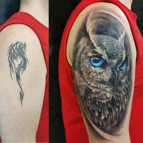 Tattoo Cover up Owl on the upper arm motif: cover-up style: realistic