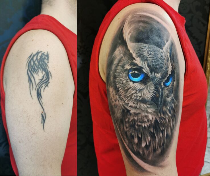 Tatuaż Cover up Sowa w motywie 3D i stylu realistyczne na ramieniu