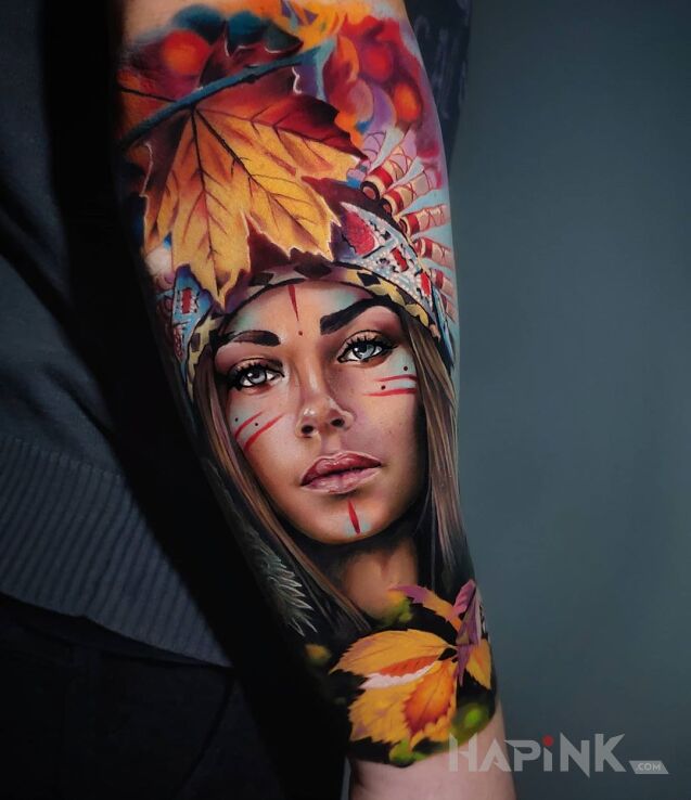 Tattoo Jesieniara in colorful motif and realistic style on the forearm