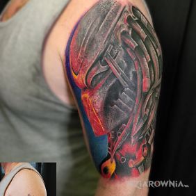 Tatuaż Kinowy Klimat :-) na ramieniu motyw: cover up styl: realistyczne