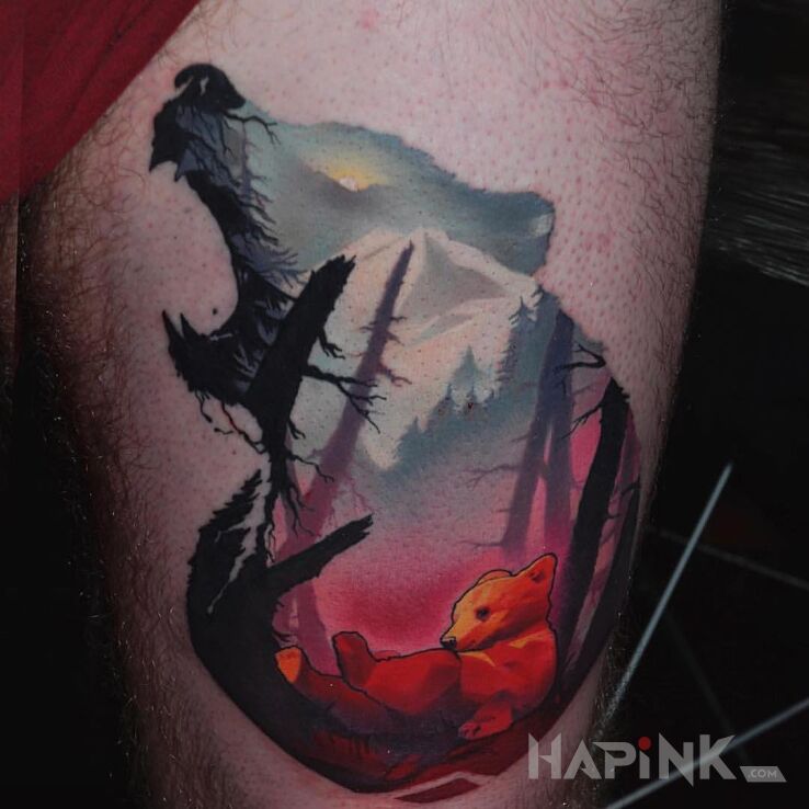 Tattoo Załamany Kubuś Puchatek ? in animals motif and graphic / illustrative style on the leg