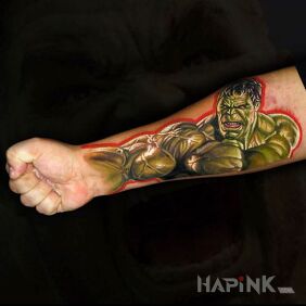 Tattoo Hulk's Punch on the forearm motif: characters style: realistic