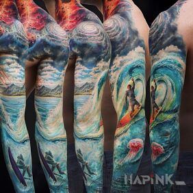 Tattoo Amazing Sleeve on the upper arm motif: characters style: realistic