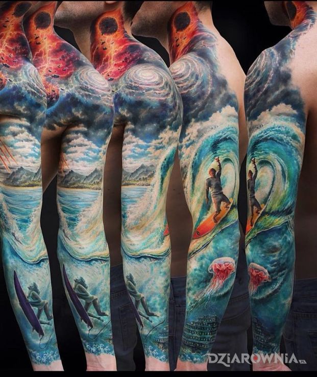 Tatuaż niesamowity rekaw w motywie kosmos i stylu realistyczne na przedramieniu