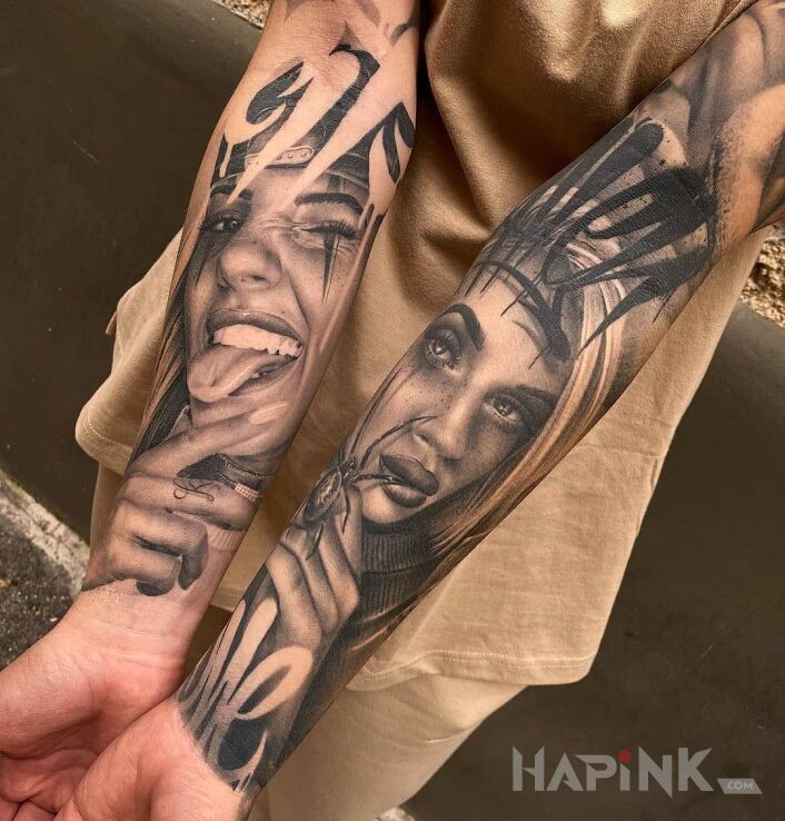 Tattoo Żartobliwie i na poważnie in black and gray motif and realistic style on the forearm