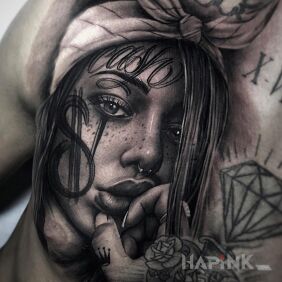 Tattoo Dollar on the cheek on the chest motif: black and gray style: realistic