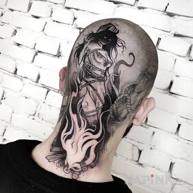 Tattoo Witch at the stake on the head motif: characters style: graphic / illustrative