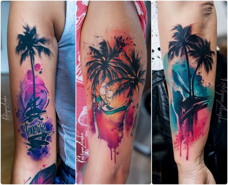 Tatuaż palma  słońce  wakacje  odpoczynek w motywie przedmioty i stylu watercolor na ramieniu