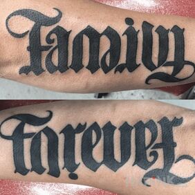 Tattoo Family / forever on the forearm motif: lettering style: ambigrams