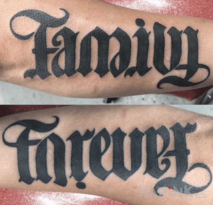 Tattoo Family / forever in lettering motif and ambigrams style on the forearm