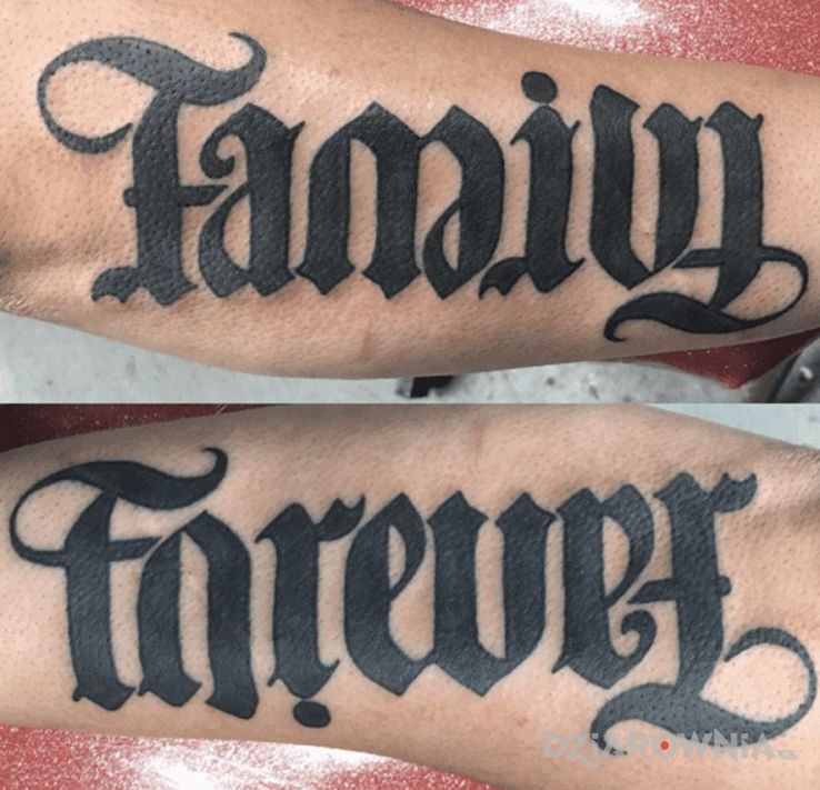 Tatuaż family  forever w motywie napisy i stylu ambigramy na przedramieniu