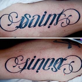 Tattoo Saint / sinner on the ribs motif: lettering style: ambigrams