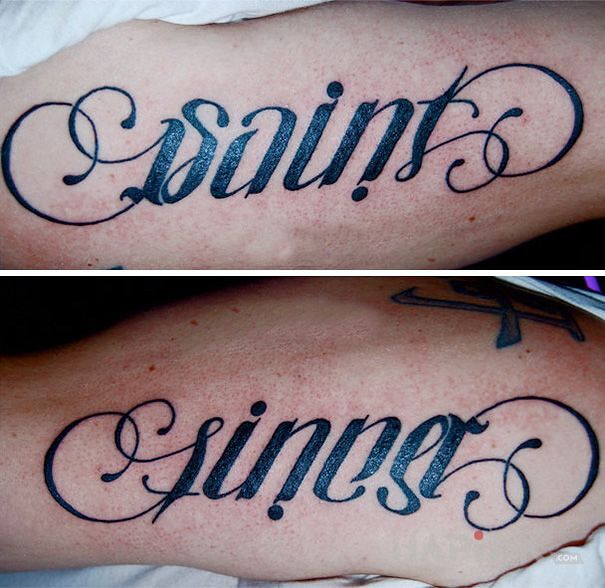 Tattoo Saint / sinner in lettering motif and ambigrams style on the ribs