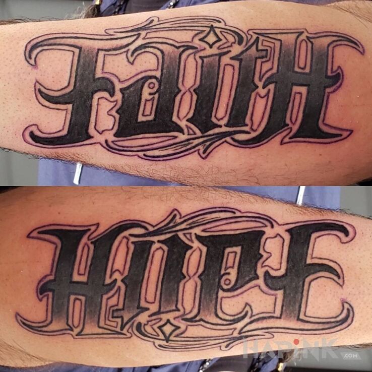 Tattoo Faith / hope in lettering motif and ambigrams style on the forearm
