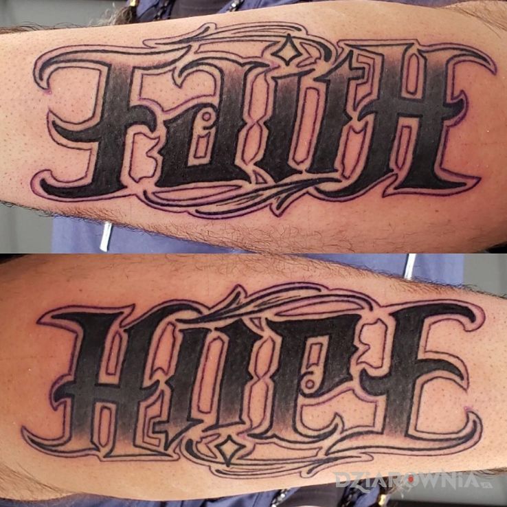 Tatuaż faith  hope w motywie napisy i stylu ambigramy na przedramieniu