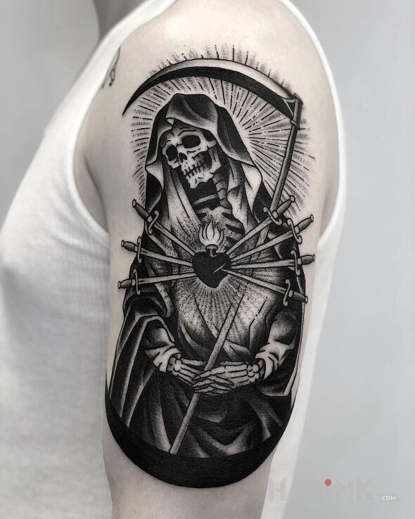 Tattoo Kostucha na czarrno in characters motif and graphic / illustrative style on the upper arm