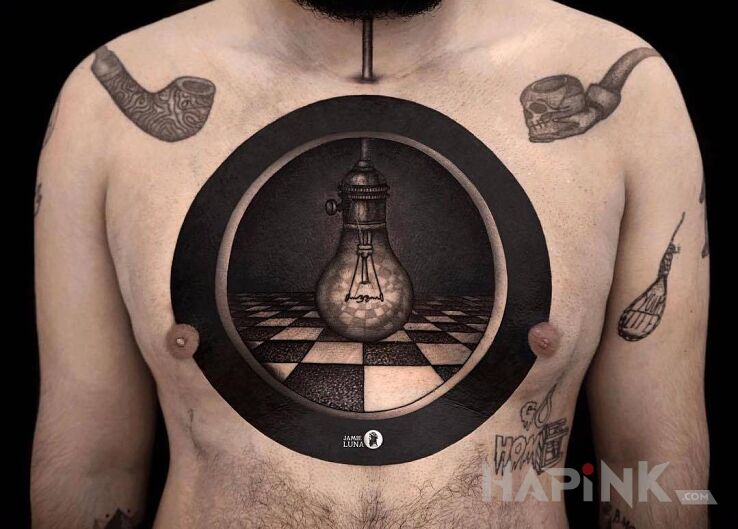 Tattoo Żarówa in black and gray motif and blackwork / blackout style on the chest