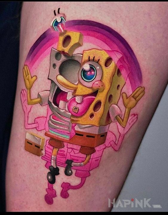 Tattoo Spongebob na LSD in characters motif and cartoon / comic book style on the forearm