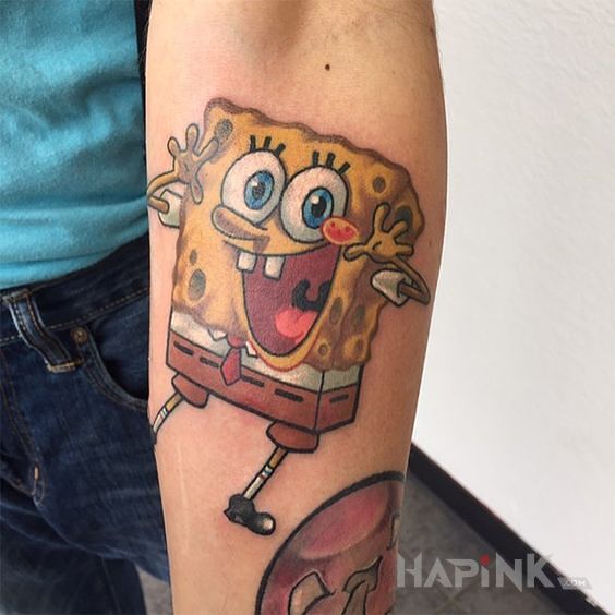 Tattoo Słodki Spongebob in colorful motif and cartoon / comic book style on the forearm